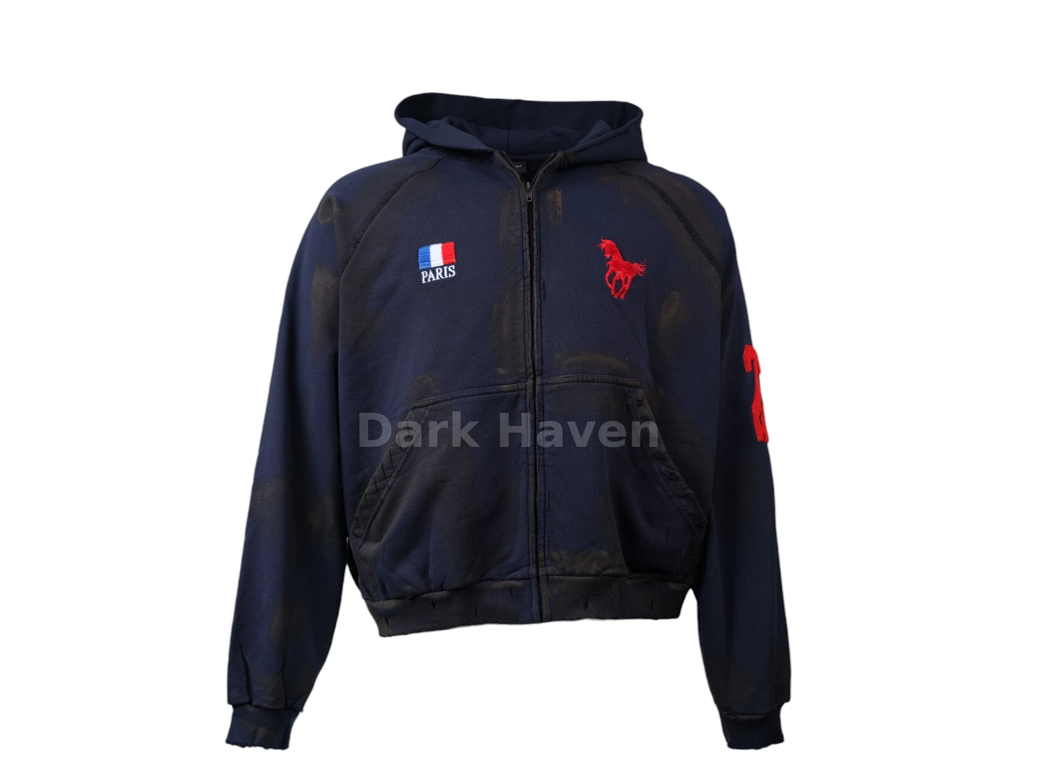 Paris Distressed Zip Hoodie Navy