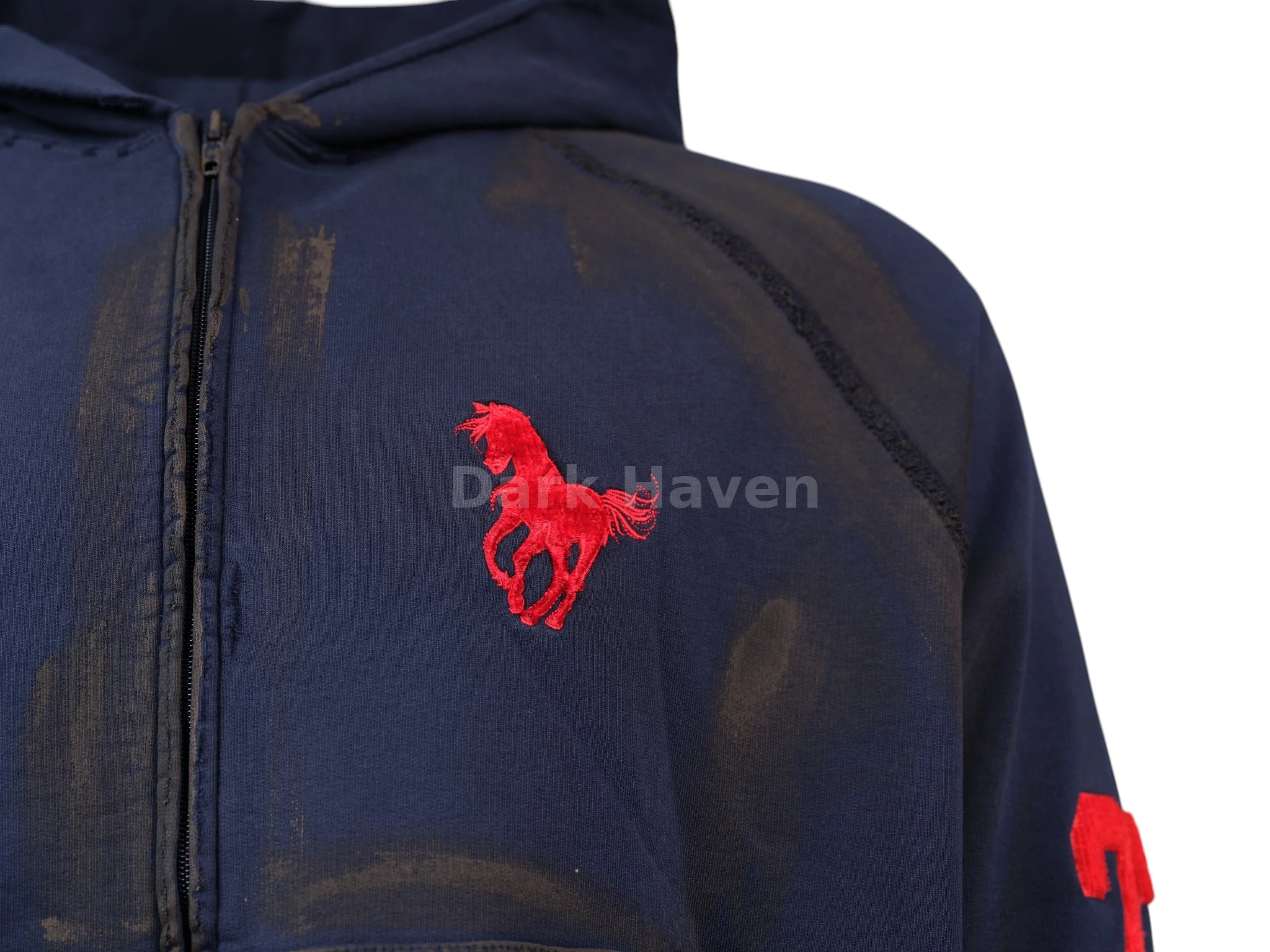 Paris Distressed Zip Hoodie Navy