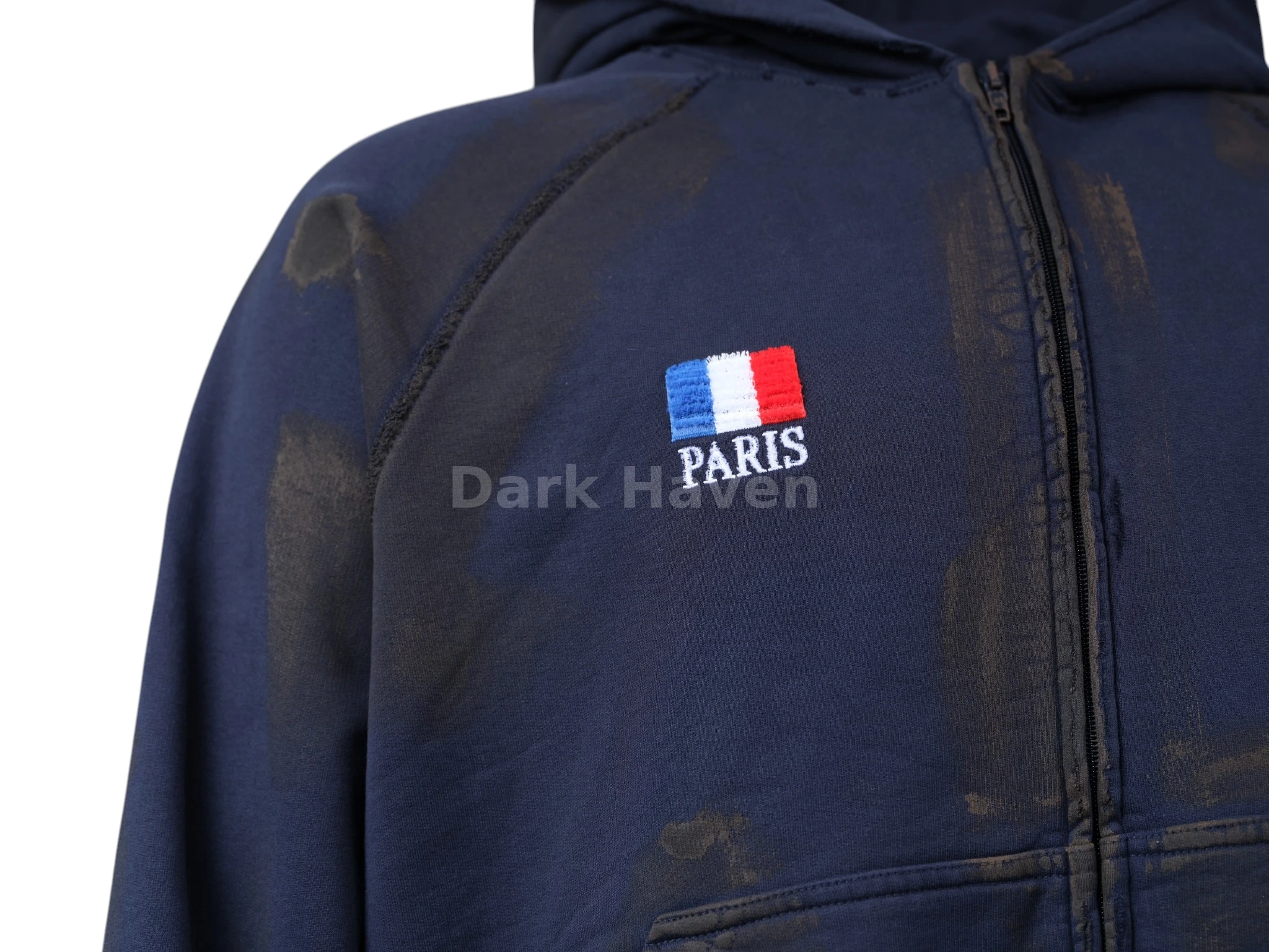 Paris Distressed Zip Hoodie Navy