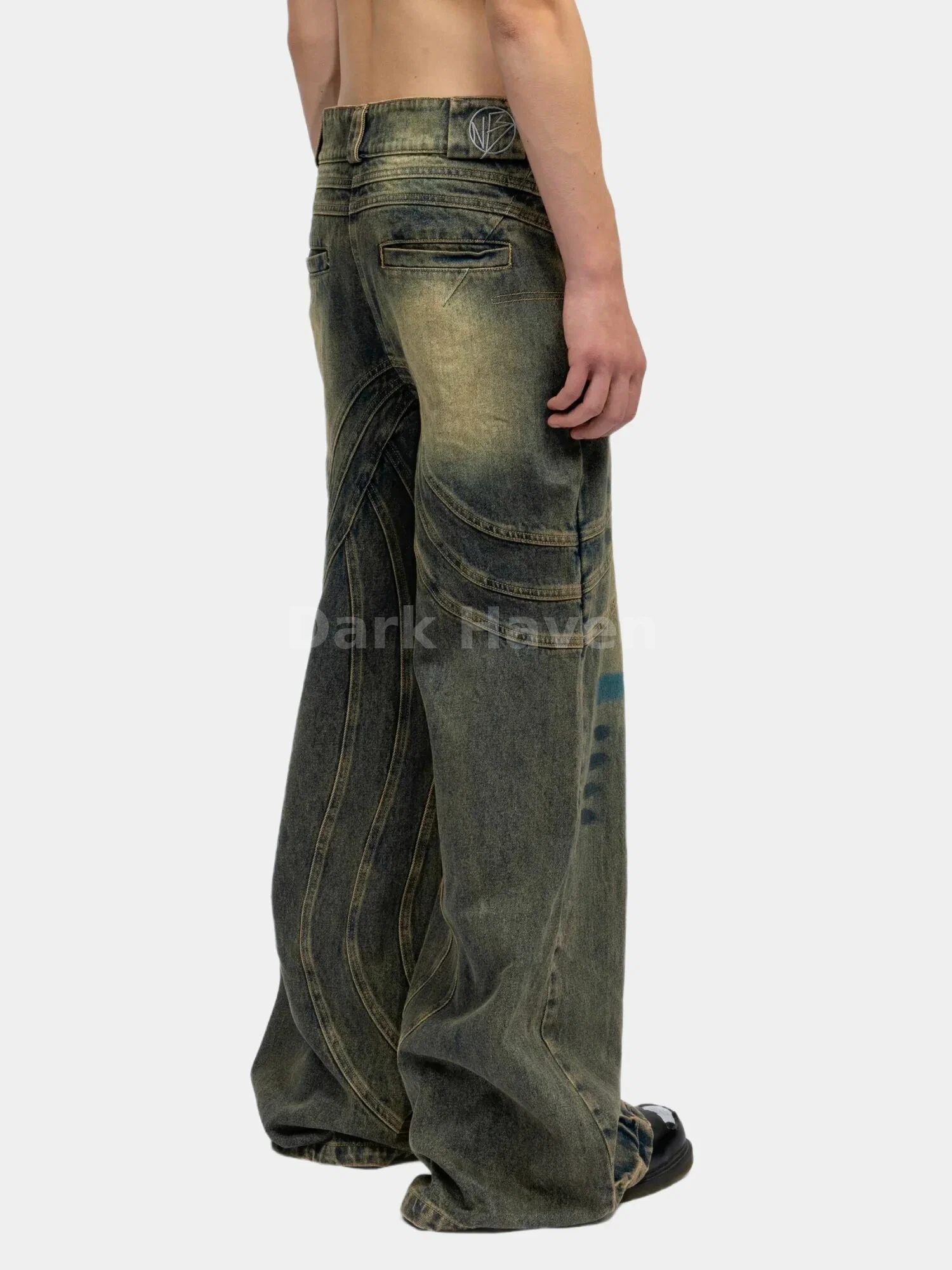 Curved Panel Denim Jeans Washed Blue